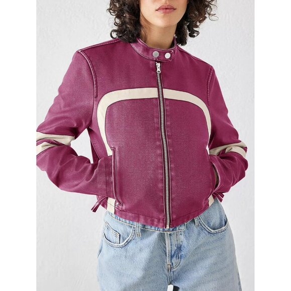 Women Purple Faux Leather Zip Up Cropped Jacket Stand Collar Moto Coat - Picture 3 of 5